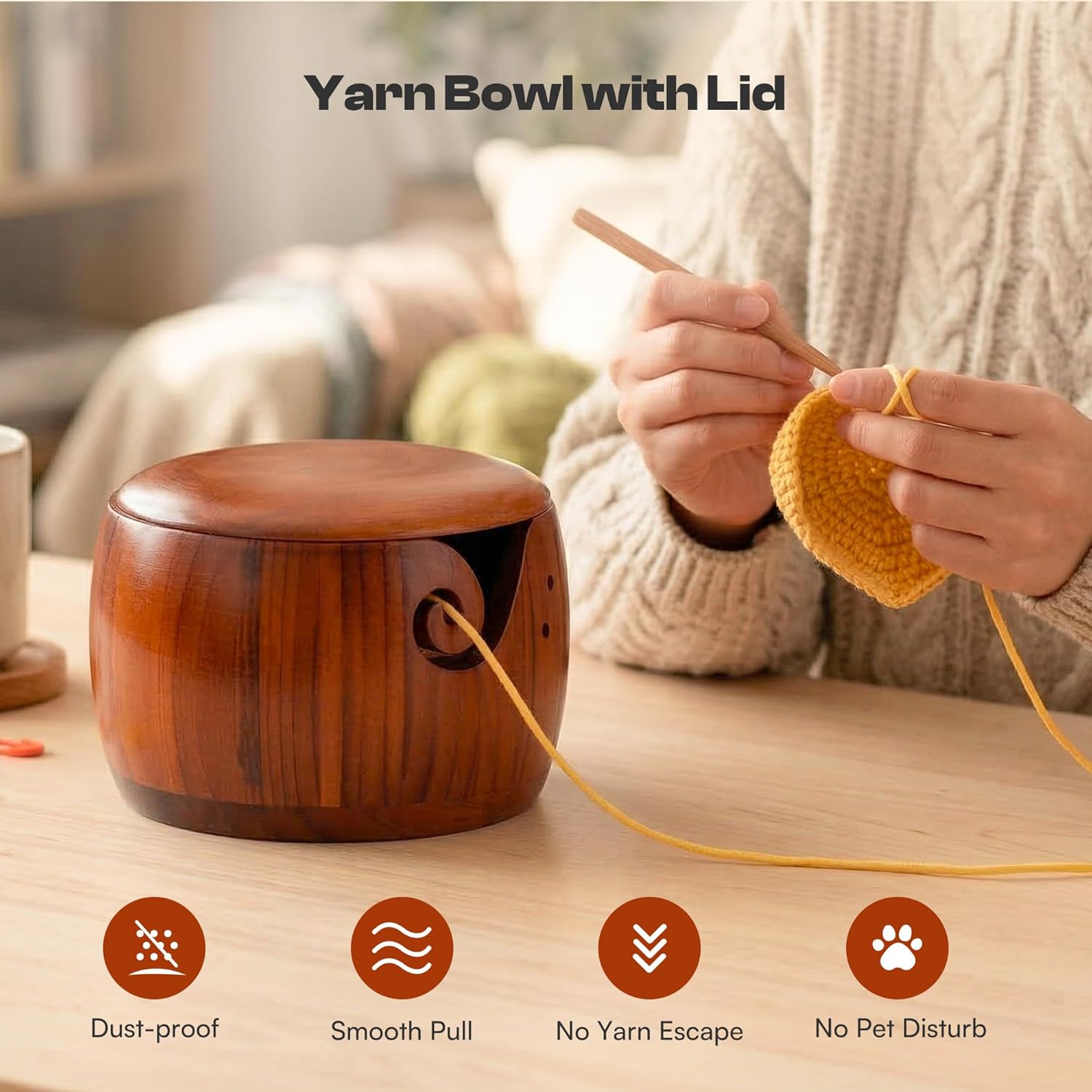 Caydo Yarn Bowl for Crocheting & Knitting, 7 x 5 in Wooden Yarn Bowl with Lid, Knitting Crochet Bowls Holder for Yarn, Crochet Accessories and Knitting Gadgets Supplies