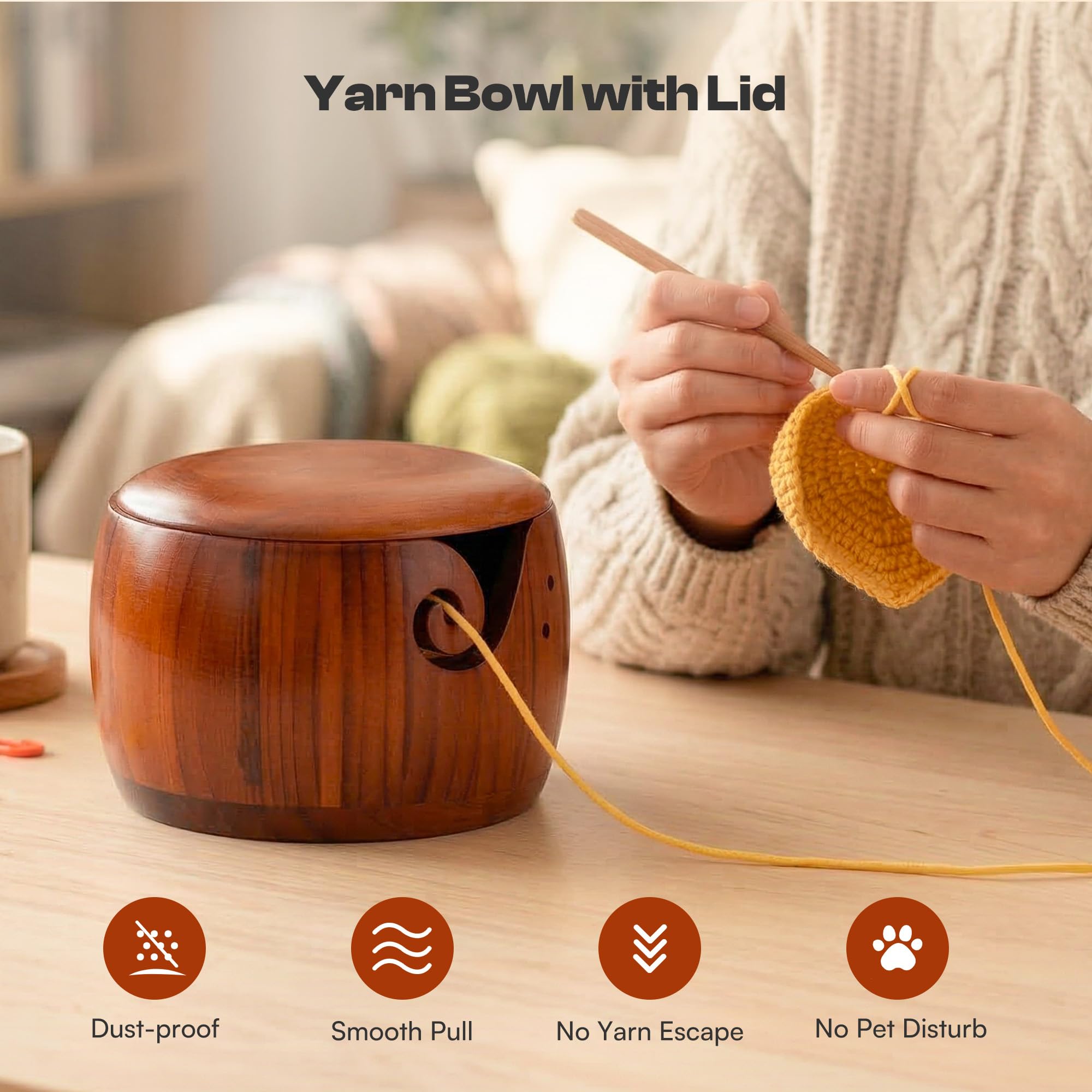 Caydo Yarn Bowl for Crocheting & Knitting, 7 x 5 in Wooden Yarn Bowl with Lid, Knitting Crochet Bowls Holder for Yarn, Crochet Accessories and Knitting Gadgets Supplies - 3
