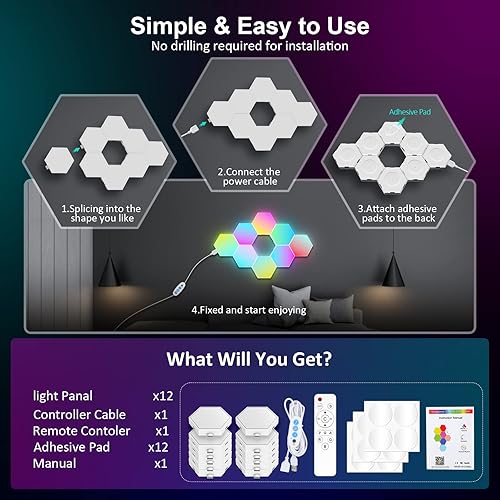Miniatura 7 de OJQ Paquete de 3 luces hexagonales de pared LED  Aplicación inteligente RGB hexagonal modular para juegos de música con paneles de forma de panal de