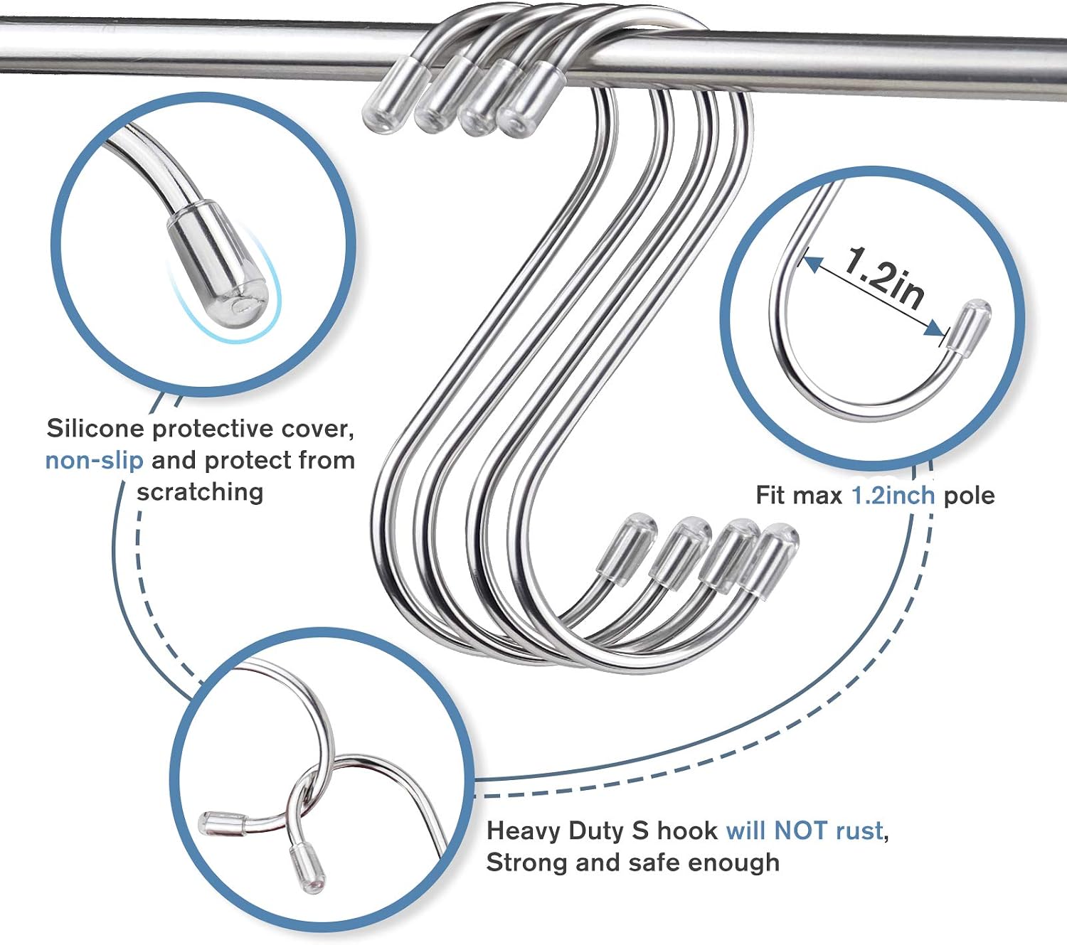 Myfolrena 20-Pack S Hooks for Hanging, 3.4 Inch Metal S Shaped Hook Heavy Duty Hanging Hooks for Pots, Pans, Plants, Bags, Cups, Clothes (Silver)