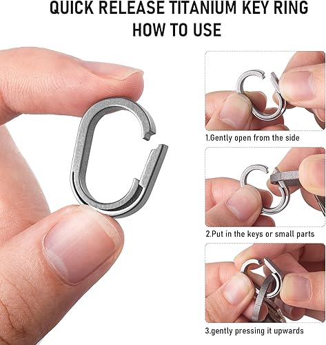Miniatura 3 de FEGVE Llaveros de titanio con 2 llaveros de acero inoxidable Llavero giratorio de titanio pequeño con anillo en D