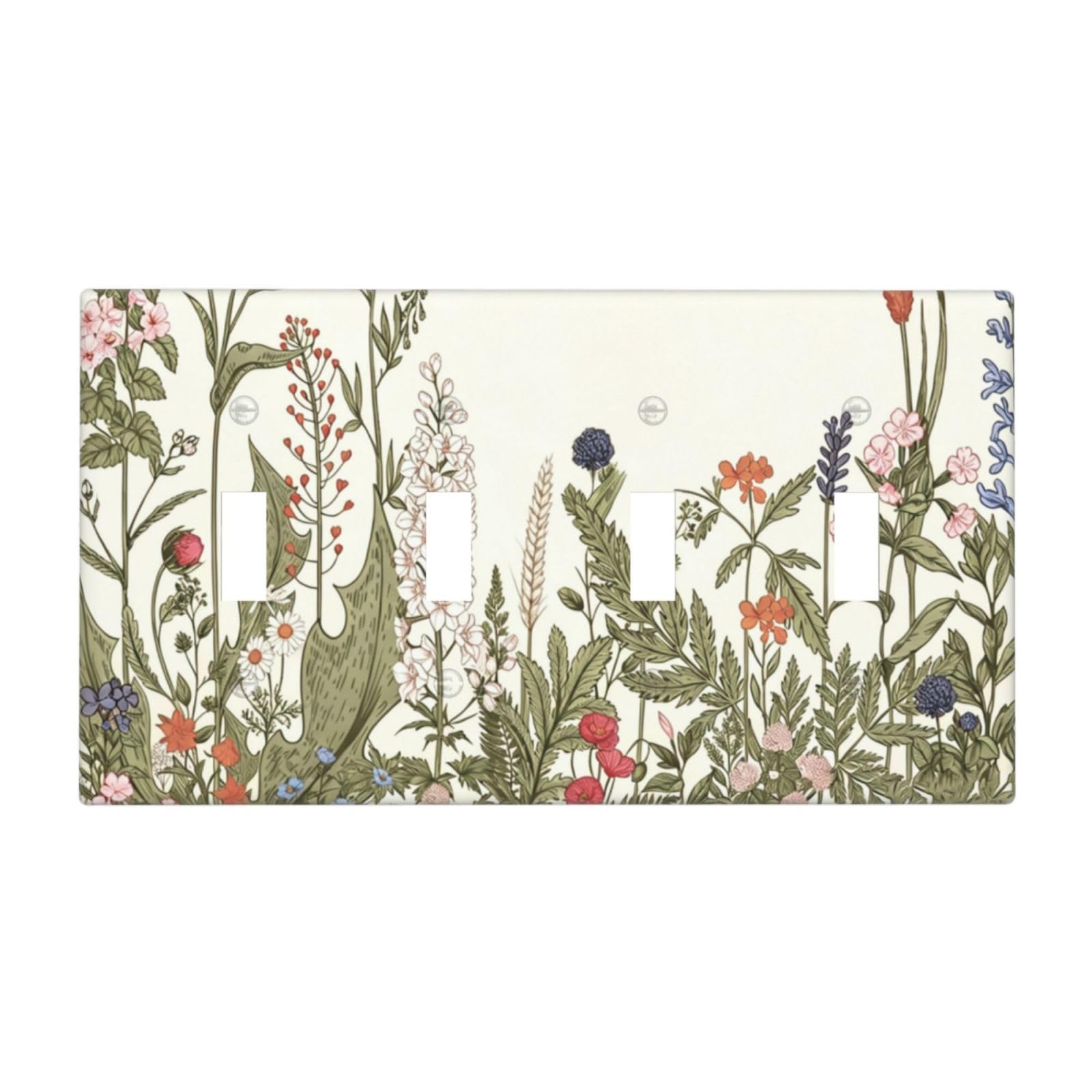 DWBGUO Decorative Light Switch Plate Covers Vintage Wildflower Sage Green Leaves 4 Gang Artistic Wall Plate Unique Quad Toggle Light Switch Covers for Farmhouse Kitchen Decor