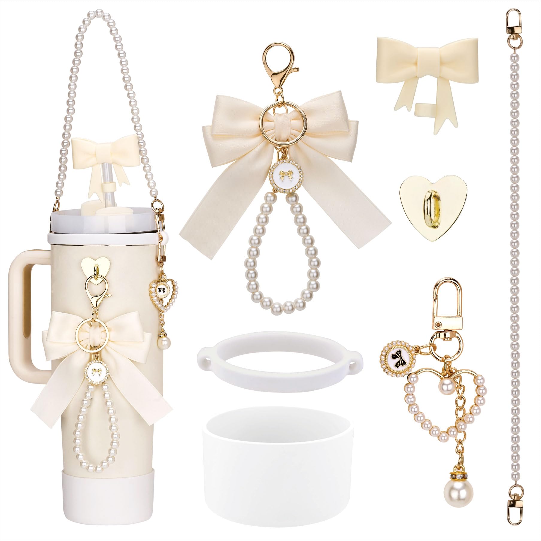 Accessories for Stanley Cup 40oz Tumbler, Charms, Strap, Silicone Boot, Straw Cover, White Bow-knot