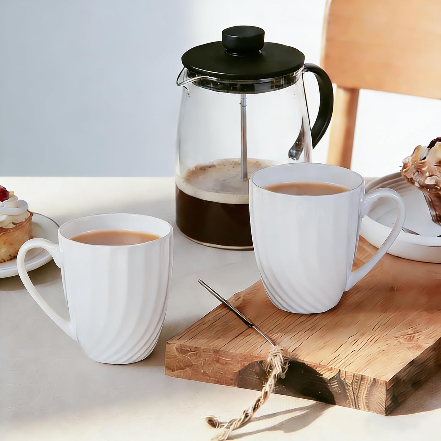 Fine Bone China White Coffee Mugs Set of 2 (12 oz), Ceramic Spiral Pattern Tea Cups, Thin China Coffee Cups, Lightweight Coffee Mugs for Hot Chocolate, Latte, Cappuccino - Image 5