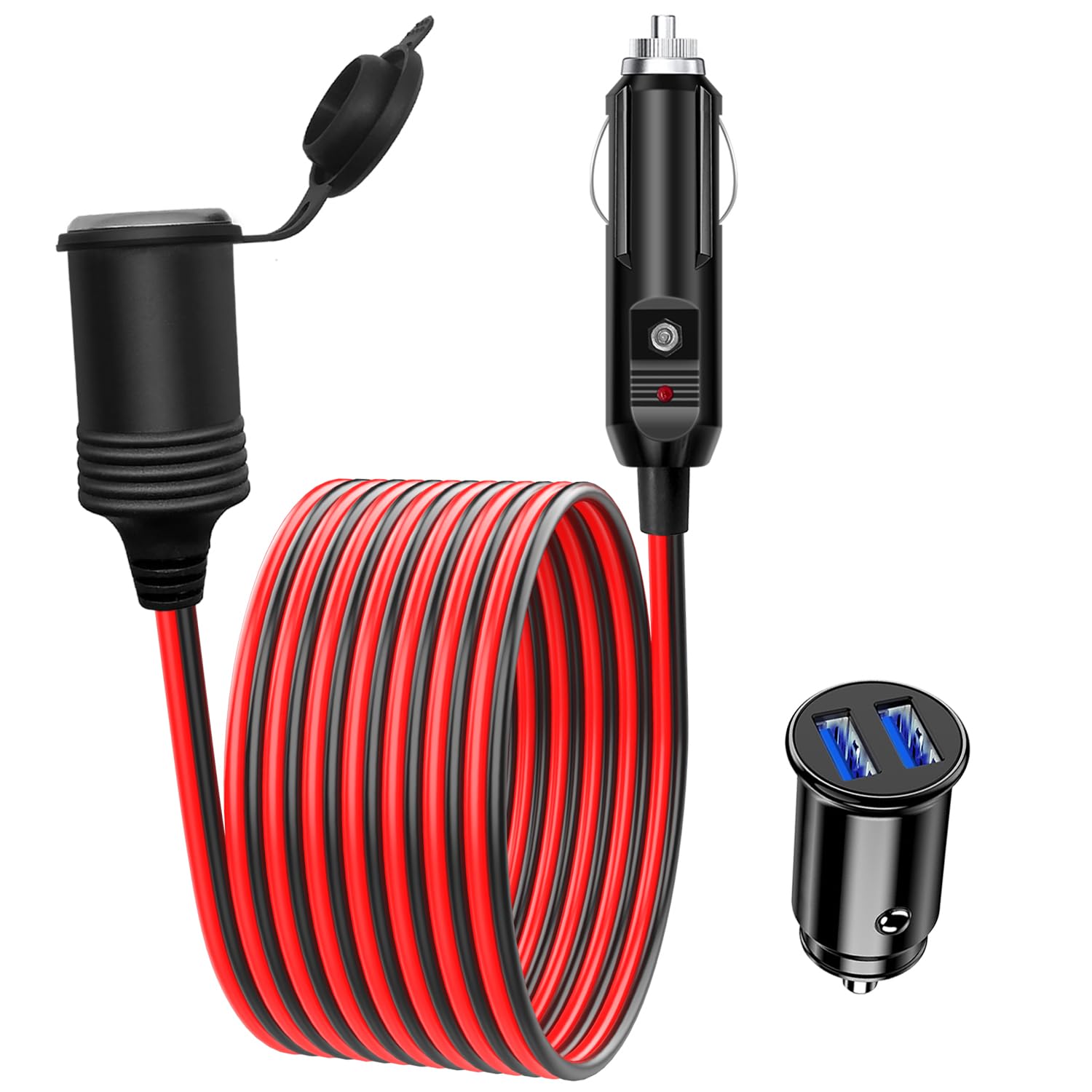 Hoembpn 1.5M/4.9FT 17AWG Car Cigarette Lighter Extension Lead Cable LED with Fuse 15A, 12V/24V Car mini Dual USB Charger Socket Cigarette Lighter Adapter Fast Charger Car Camping Accessories Red