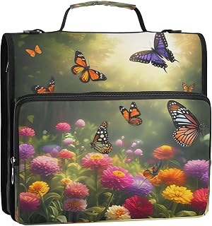 Butterfly Garden Zipper Binder with 3 Ring D-Ring, Expanding File Folder Organizer with Shoulder Strap & Handle for Office Use