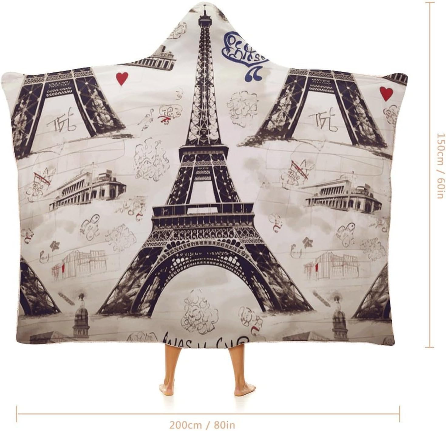 French Paris Tour Eiffel Tower Wearable Fleece Blanket with Hood for Men & Women Oversized Hoodie Blanket Soft Cozy Gift-