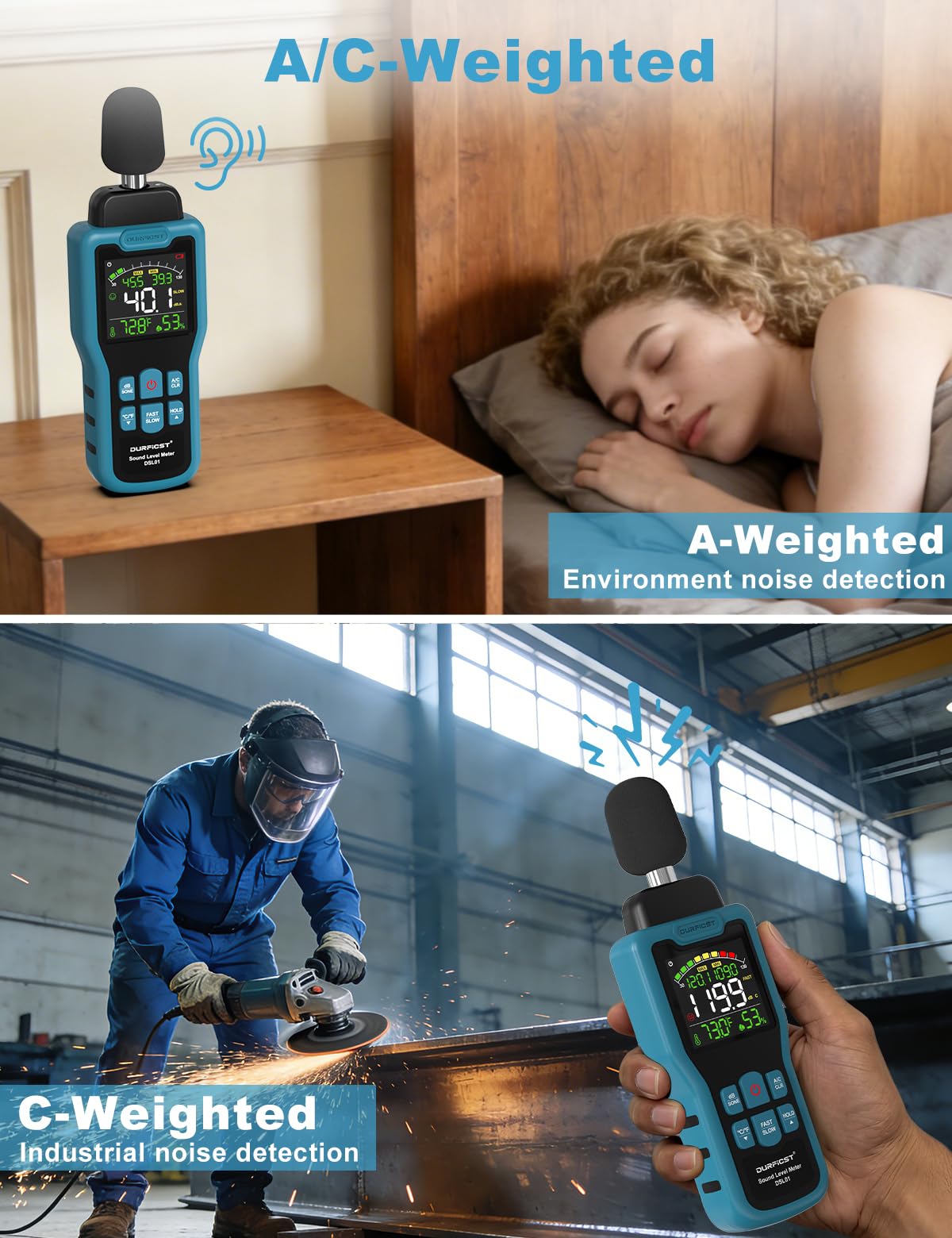 Sonometro, DURFICST Medidor de Decibelios con Temperatura y Humedad, Rango de 30-130 dB, Decibelimetro con Pantalla LCD a Color, Ponderación A/C, Unidad dB/SON, Respuesta RÁPIDA/LENTA, para Doméstico