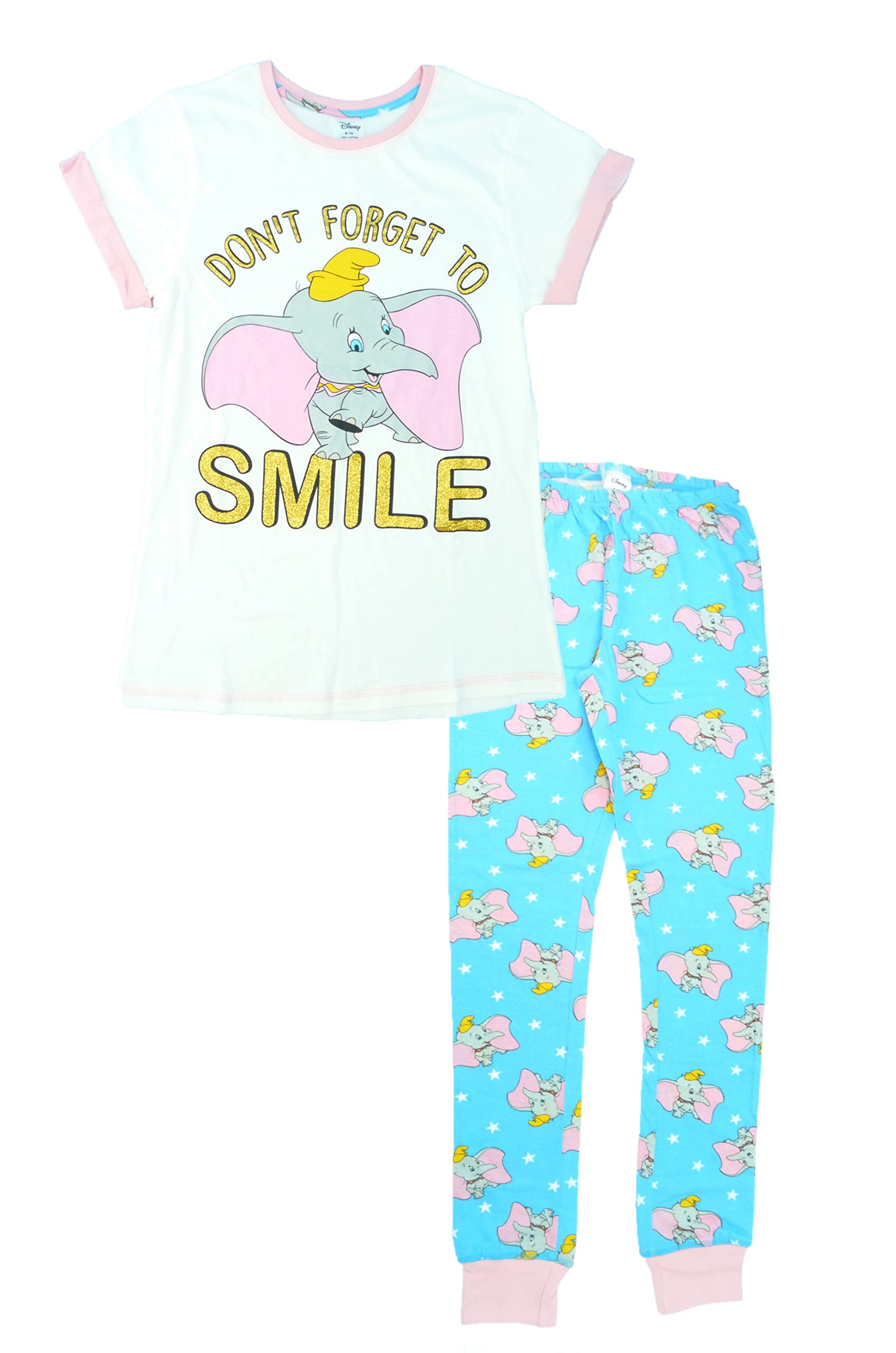 Ladies/Girls Official Character Dumbo 'Don't Forget to Smile' Pyjama Set/Pyjamas Size 8/10