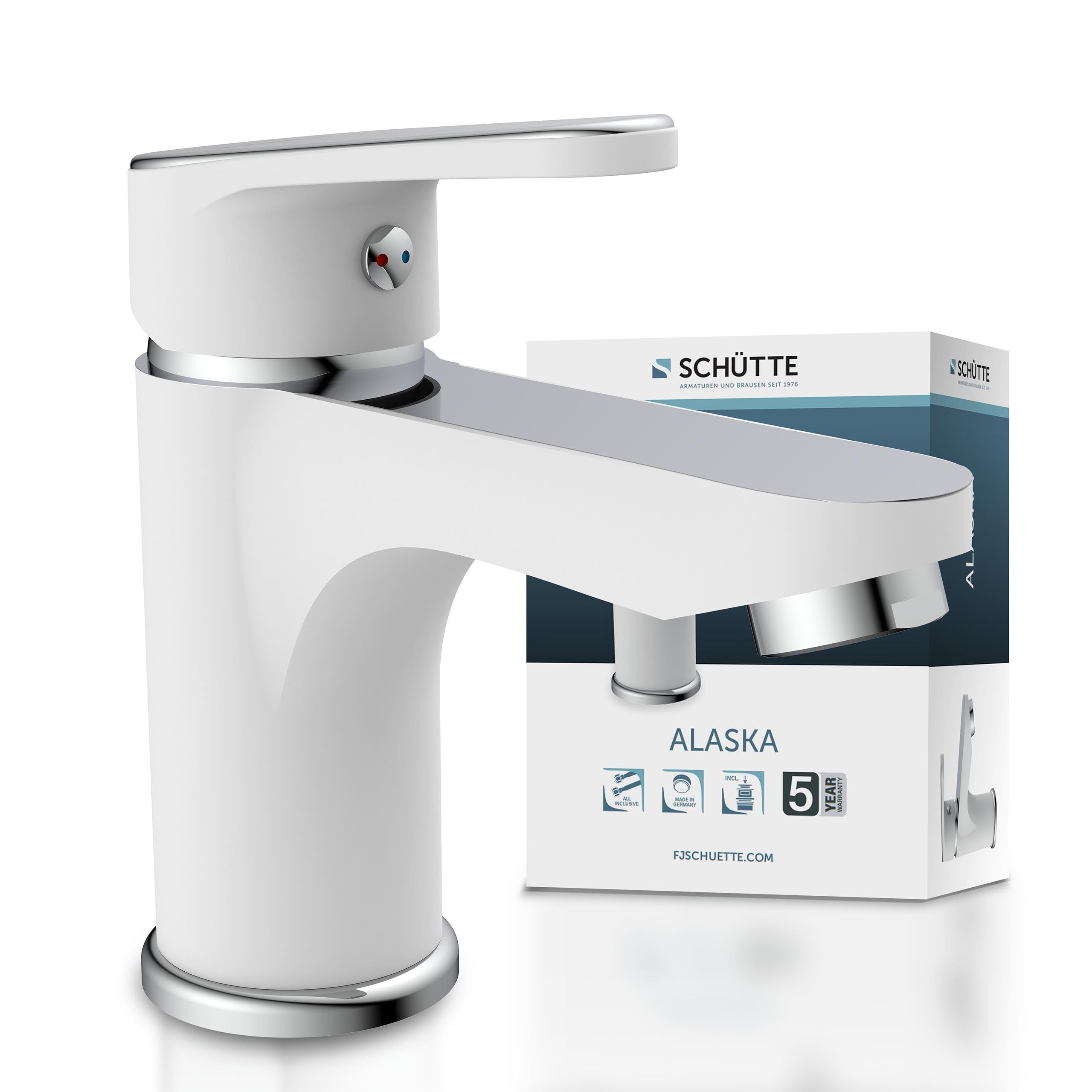 SCHÜTTE Alaska 34710 Bathroom Tap with Drain Fitting Single Lever Mixer Tap Bathroom Sink Mixer Tap for Bathroom Chrome White