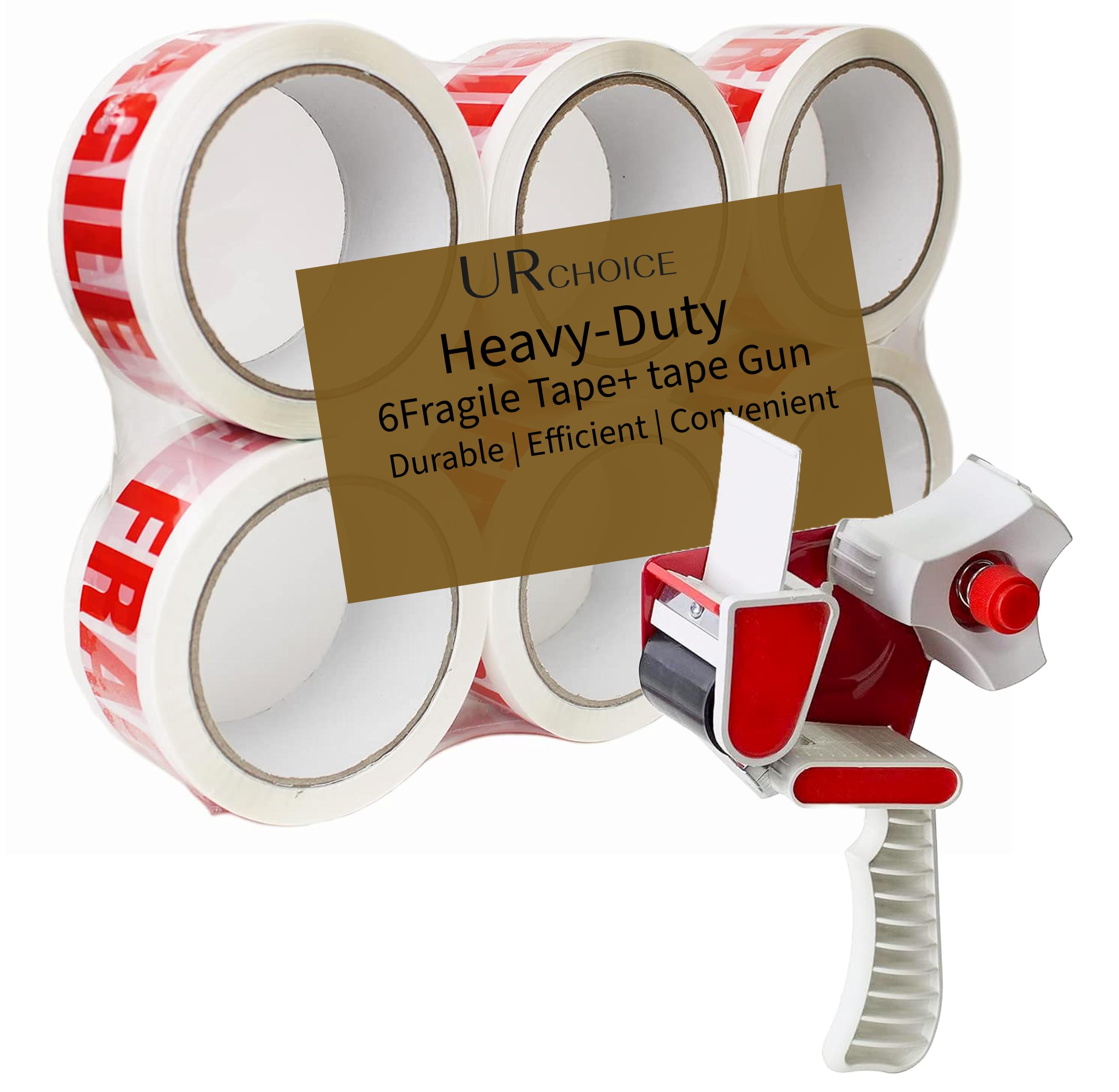 UR CHOICE Heavy Duty Packaging Tape Gun Dispenser - with Pack of 6 Fragile Packaging Tape Rolls - 48MM x 66M - Heavy Duty Packing Tape with Dispenser - Tape Gun - for Parcel Boxes or General Purpose
