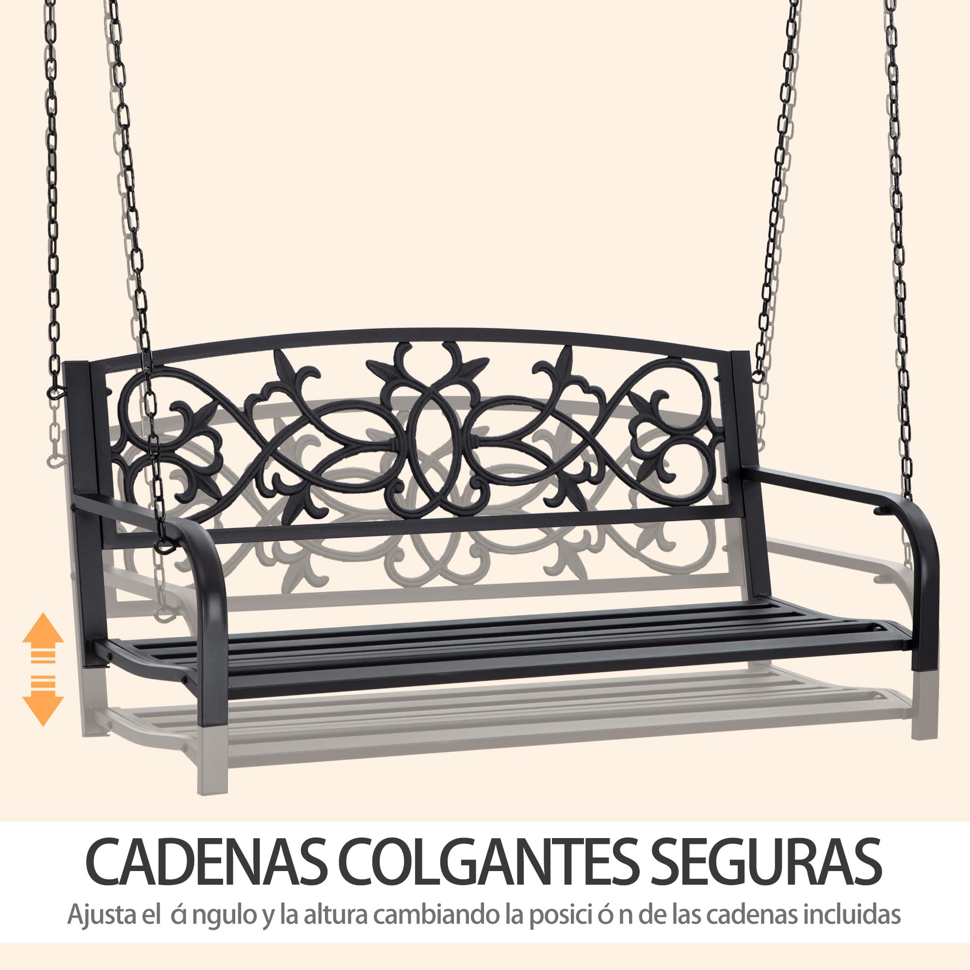 Outsunny Banco Columpio de 2 Plazas con Reposabrazos 127x59,5x52 cm Negro | Banco Colgante de Acero, Carga Máx. 240 kg, para Jardín Terraza Balcón Exterior