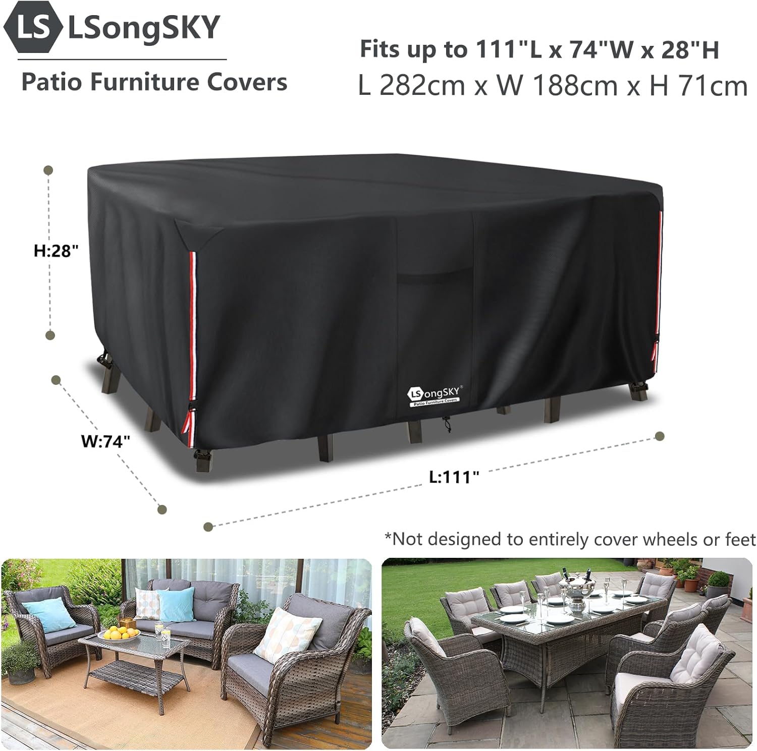 Outdoor Furniture Covers Waterproof,600D Heavy Duty Patio Cover for 6/7/8 PCS Sets Sectional Sofa Couch Dining Rocking Swivel Chairs Ottomans Coffee Table,111L x 74W x 28H inch Black - Image 3