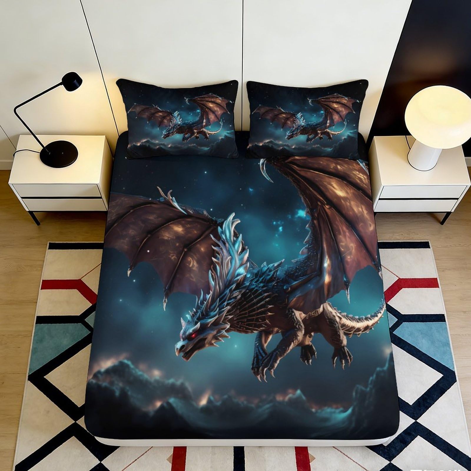 3D Printed Dark Dragon Night Sky Fitted Sheet Microfiber Soft Breathable Fantasy Mountain Bed Cover for Bedroom Dorm Mattress Protection Decor 200x200x25cm