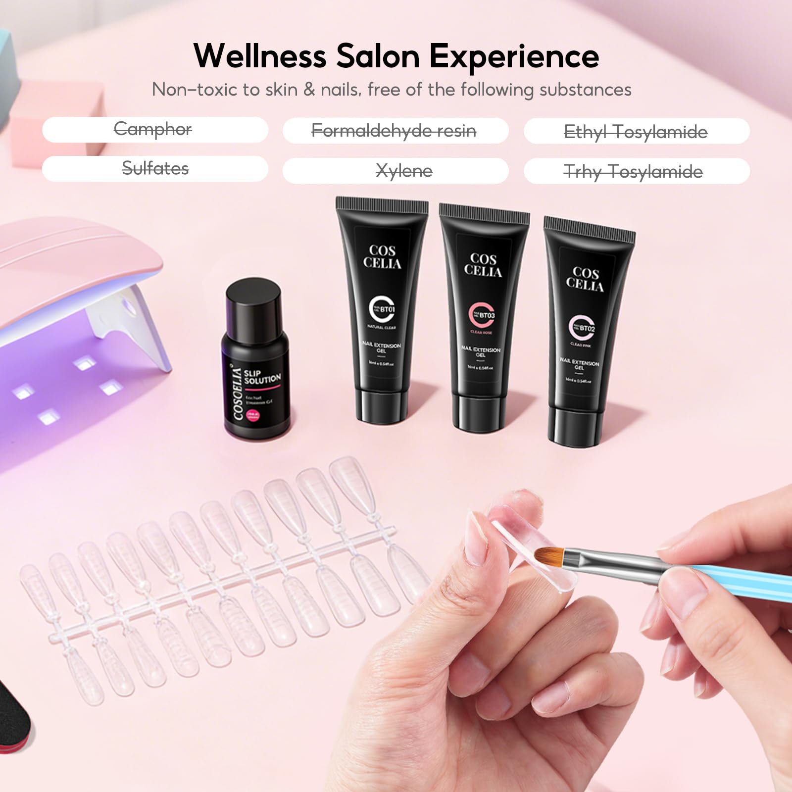 COSCELIA Poly Nail Ongle Gel Kit UV Complet, 4 Couleurs Poly Extension Gel Art Set avec Lampe, Base & Top Coat et Faux Ongles 10ml Slip Solution, DIY Nail Art Ongles Gels Kit pour Débutant