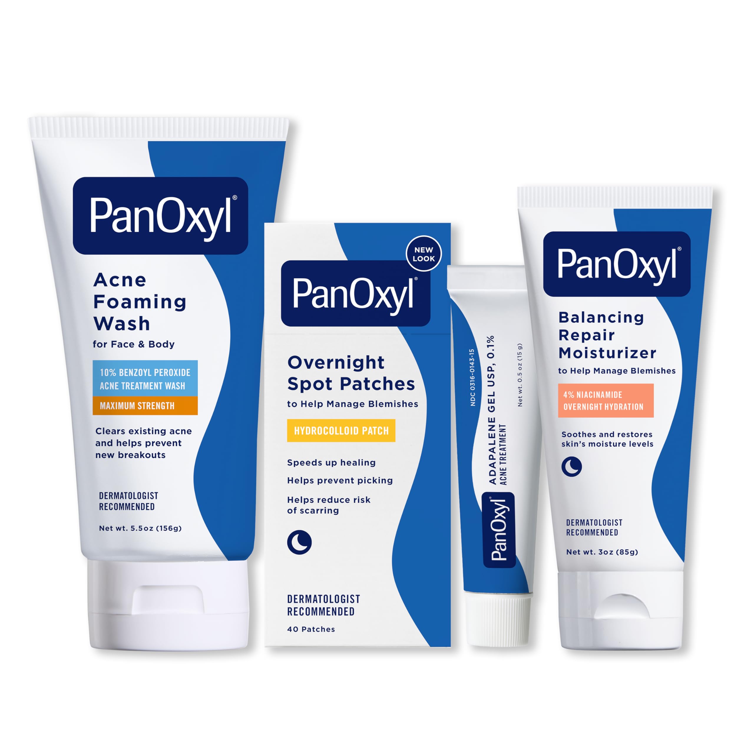 PanOxylComplete Acne Clearing Routine Bundle - Acne Foaming Wash Benzoyl Peroxide 10%, PM Balancing Repair Moisturizer, PM Overnight Spot Patches & Adapalene 0.1% Leave-On Gel