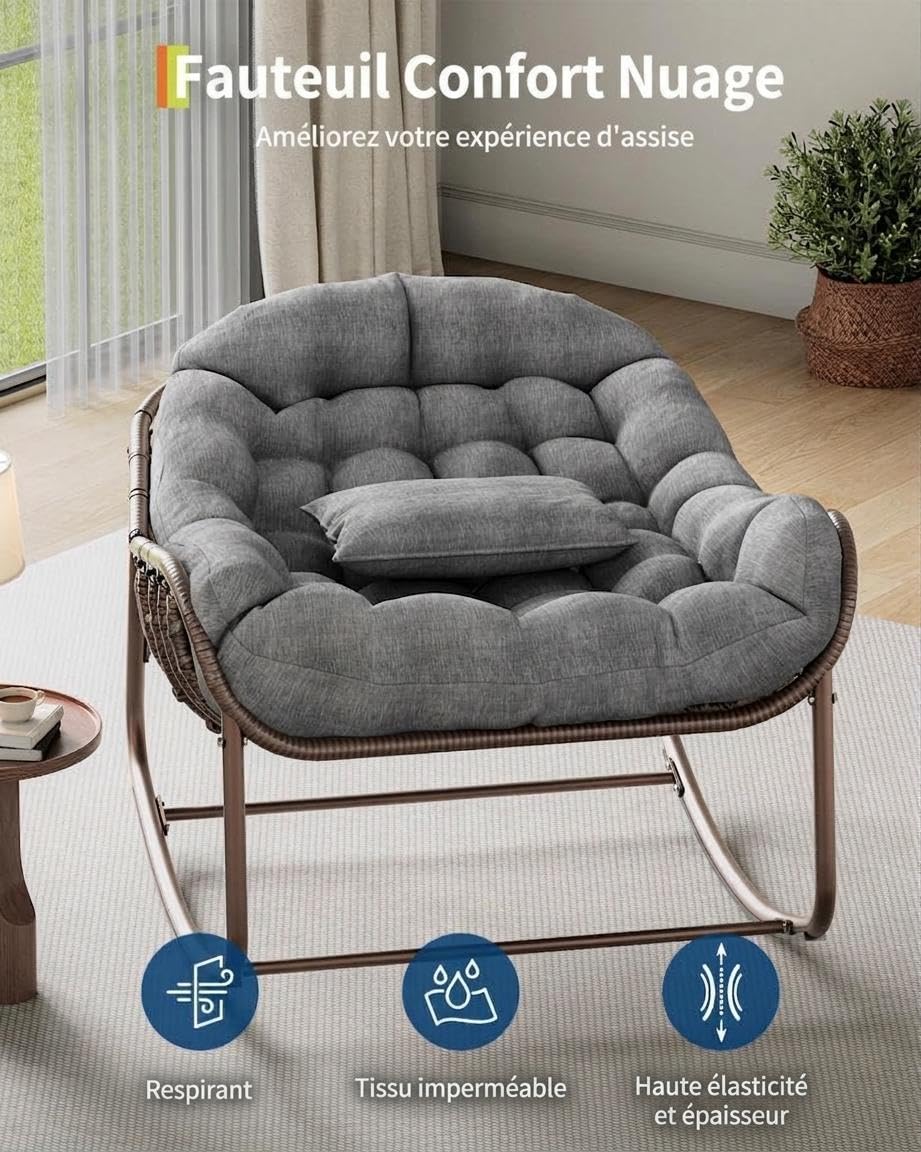 Fauteuil à Bascule Extérieur en Rotin,Structure Acier, pour Salon Patio