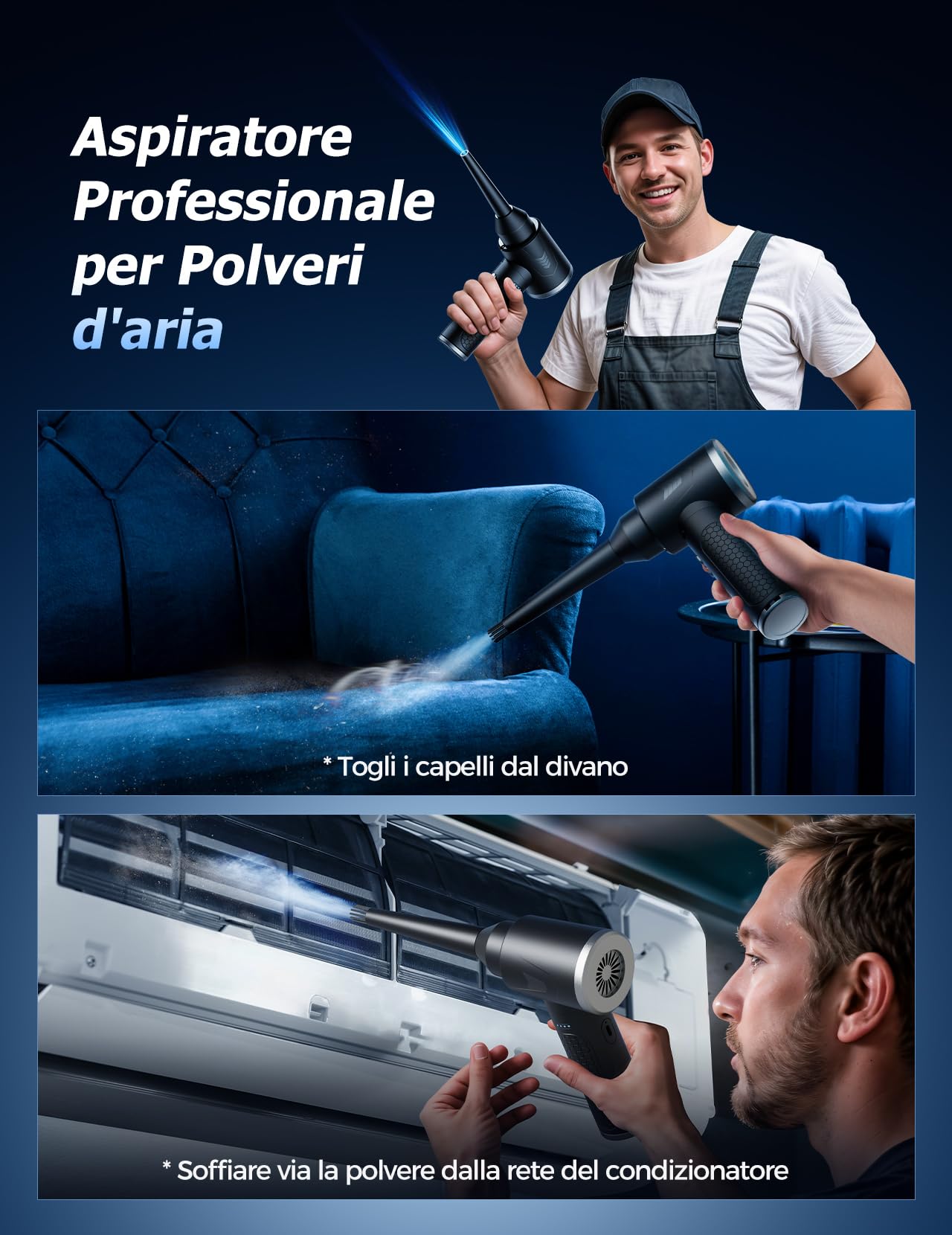 Aria Compressa Elettrico 3 Velocità con Luce LED, 100.000 Giri/Min, Batteria 9000 mAh, Kit Pulizia PC