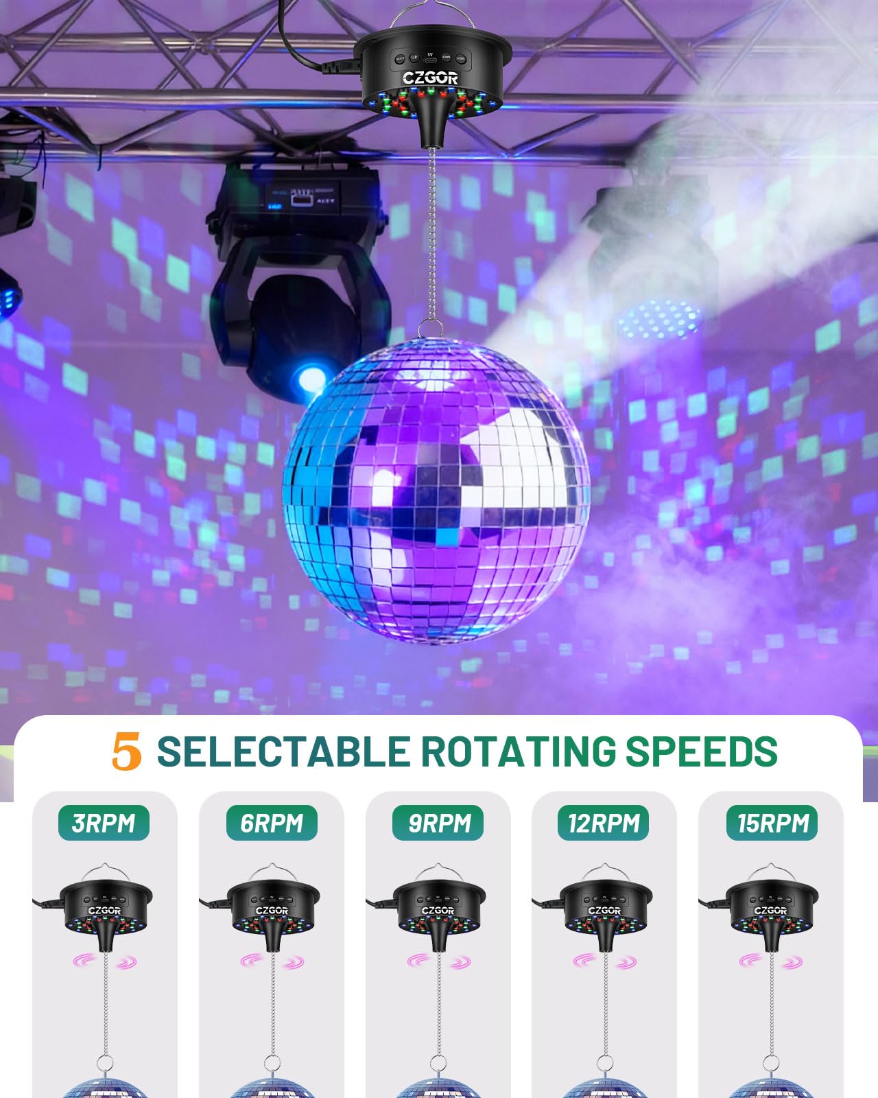 Motor de bola de discoteca con luz, 0/3/6/9/12/15 RPM giratorio de velocidad ajustable con mando a distancia, cable de alimentación desmontable de 2m/batería/modo de alimentación USB-C, soporta