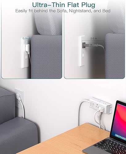 Miniatura 3 de Addtam - Cable de extensión plano de 5 pies con extensor de 6 tomas de corriente, sin protector de sobretensiones para cruceros, viajes, artículos