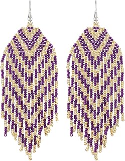 Long Beaded Tassel Earrings – Big Bohemian Statement Handmade Native Beaded Tassel Dangle Earrings, Large Boho Tribal Seed Bead Fringe Drop Earrings for Women