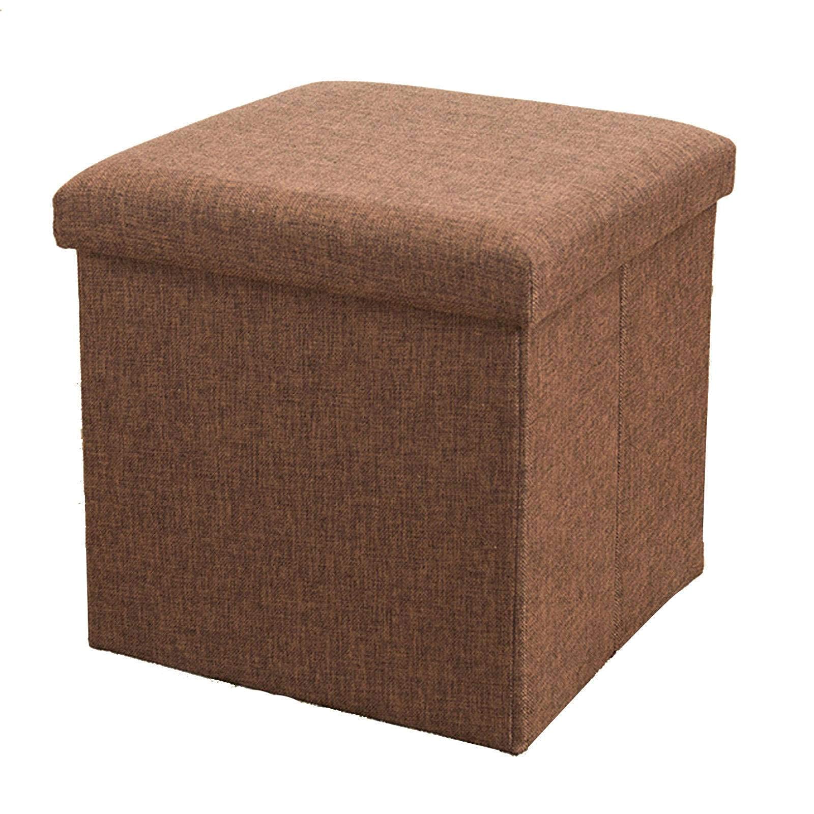 Repose-pieds cube pliant marron 25cm pouf en lin et coffre de rangement