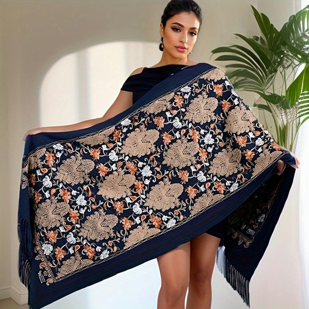 SYJYM Châle en Cachemire brodé à Fleurs de Style bohème Luxueux, fabriqué à la Main, Polyvalent, Grande écharpe, Bords à Pompons, Laine Ethnique Lierre