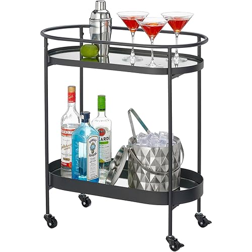 mDesign Stylish Modern Mirror Tray Top Rolling Serving Bar Cart - 2-Tier Oval Home Drink Rack Trolley Kitchen Furniture with Wheels for Wine, Coaster, Glass, Beer, and Drinks - Matte Black