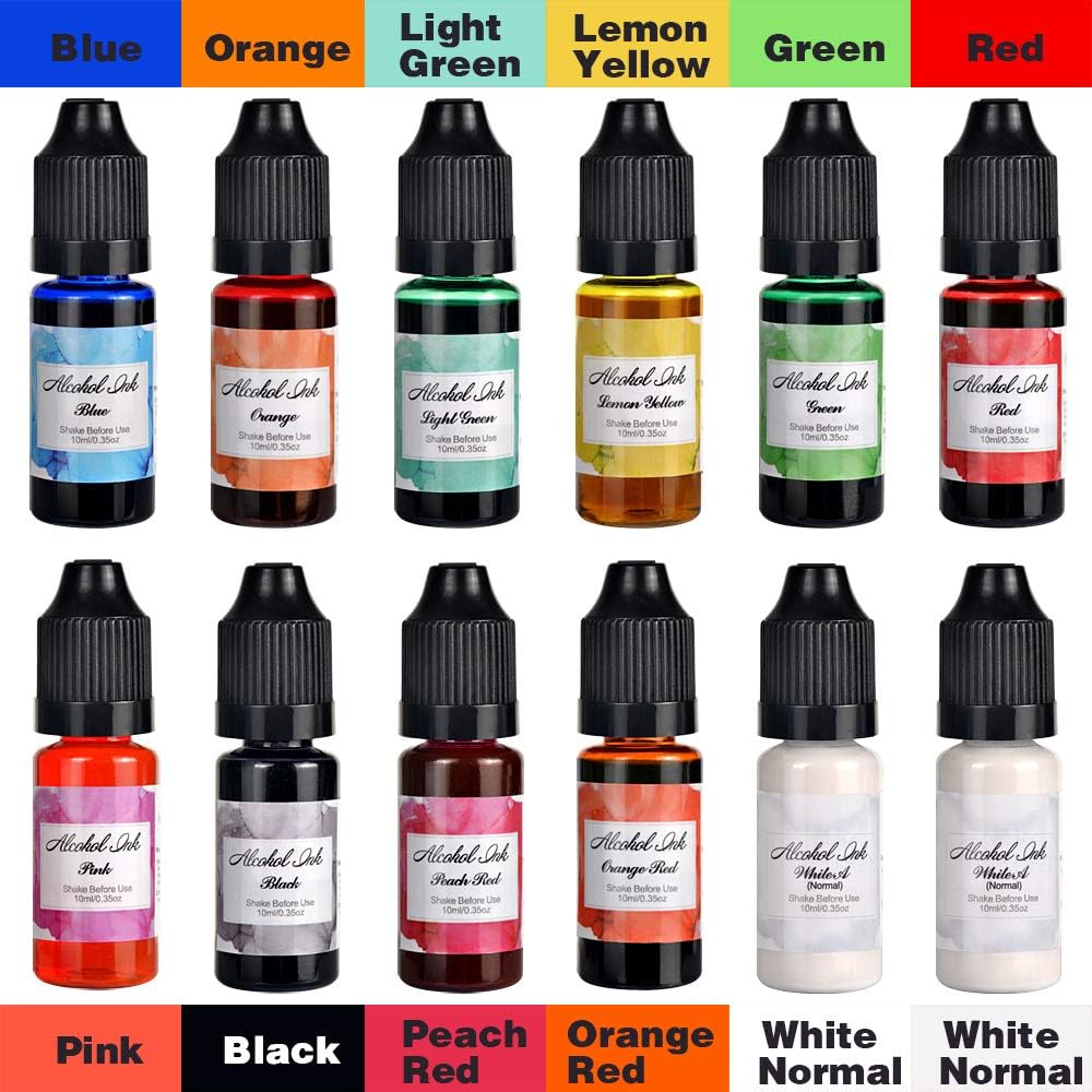 SupResin Alcohol Ink Set, 24 Bottles Alcohol-Based Inks Each 0.35oz(10ml), High Concentrated Epoxy Resin Dye Colorant for Art Resin Painting, Petri Dish Tumbler Coasters Making