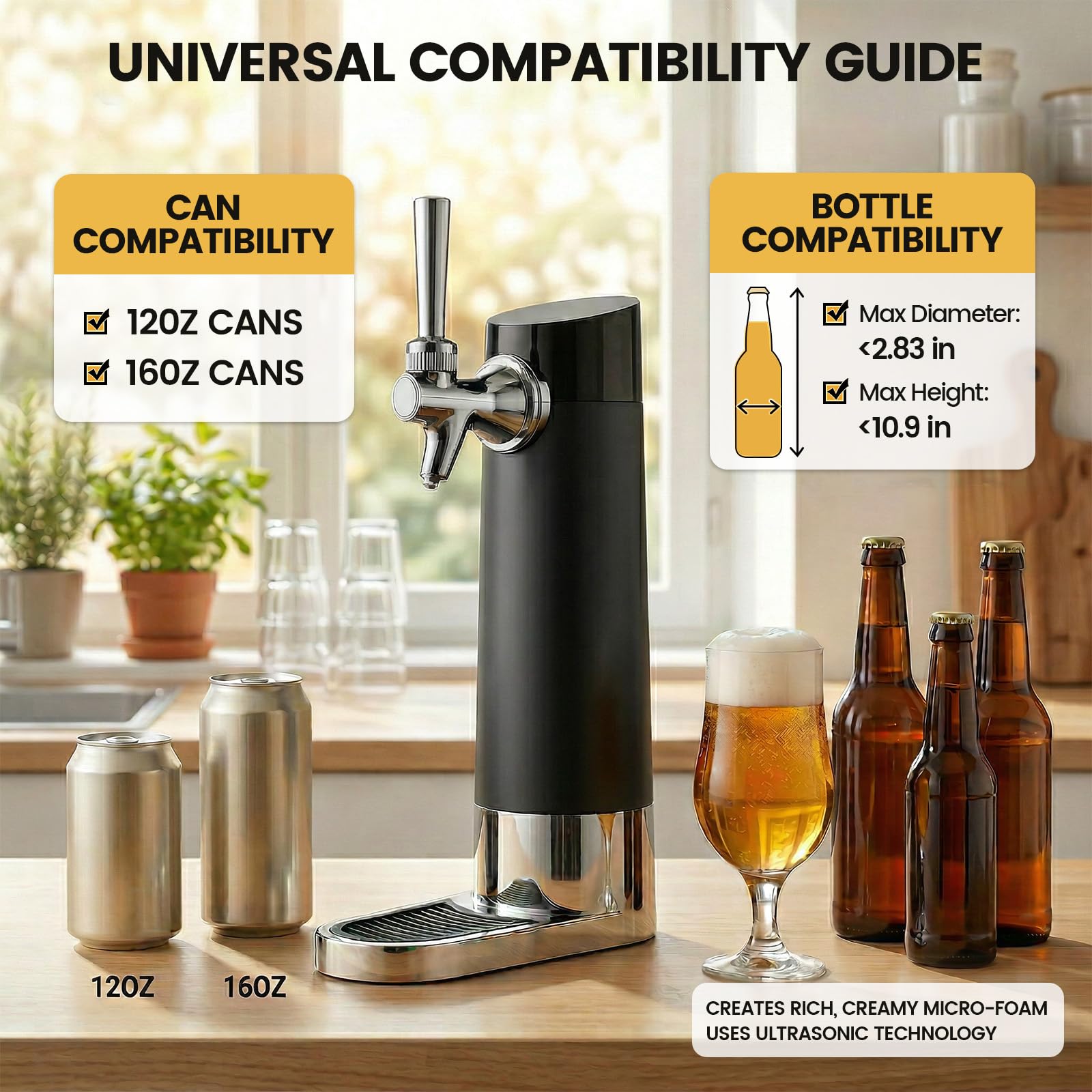 Dispensador de cerveza, doble potencia, ultrasónico para latas y botellas, enchufe o funciona con pilas, crea una rica espuma cremosa, regalo ideal para los amantes de la cerveza
