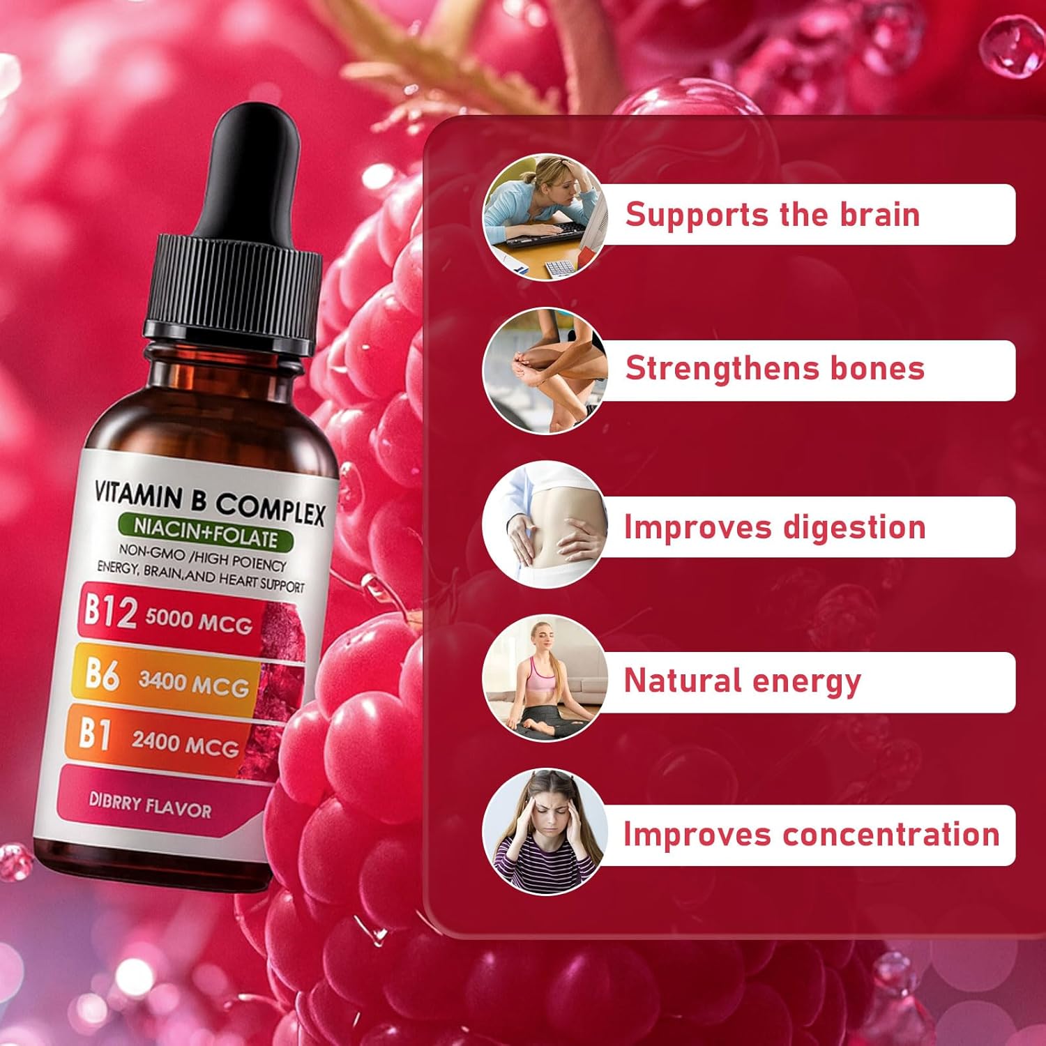 Vitamin B Complex - B12 B6 B1, Essential Vitamin Liquid Drops, B12 Sublingual Drops, Support Brain Function, Focus, and Natural Energy, Non-GMO, Gluten Free, Berry Flavor, 2fl oz - Image 5