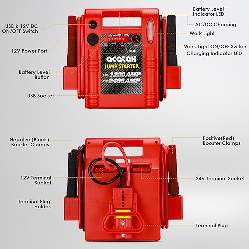 Miniatura 6 de Arrancador de batería de 12 V24 V, 24001200 amperios de pico para camión, coche, tractor, excavadora, paquete de batería resistente con salida USB y