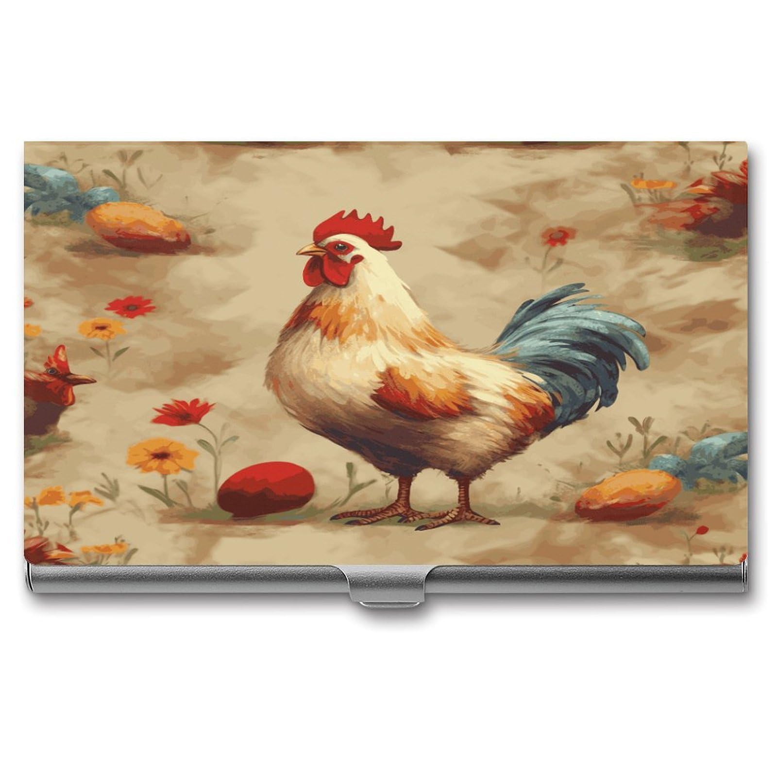 Vstadank Unisex Style Art Chicken Animal Painting Business Card Holder Slim Name Cards Holder Aluminum Alloy Flip Cover Credit Cards Wallet Pocket Metal Case Professional Metal Business Card Case For Work