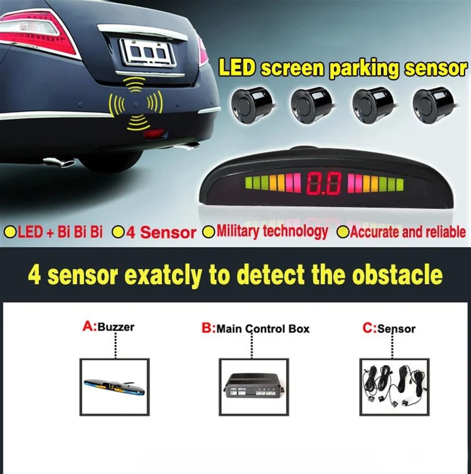 Capteur de stationnement Système D'aide Au Stationnement Voiture Moniteur Sauvegarde Inversée pour Véhicule Détecteur avec Affichage Distance LED Avertissement Sonore Radar De Recul(Grey)