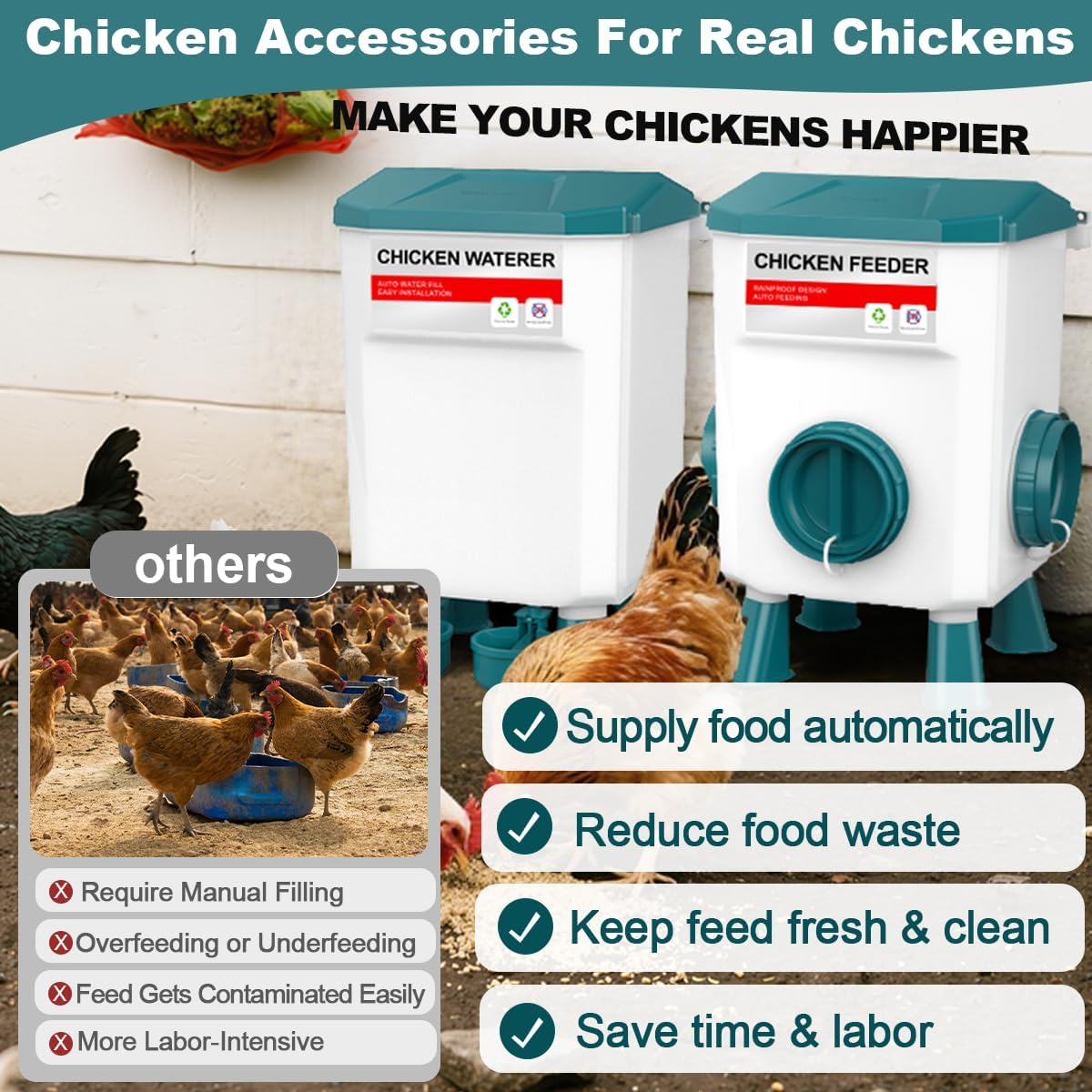 Chicken Feeder and Waterer Set, 3 Gallon/26.5 Pounds, Automatic Chicken Feeders and Chicken Waterer, Detachable for Chick, Duck & Quail Coop Use, Outdoor Farm & Backyard (Upgraded)