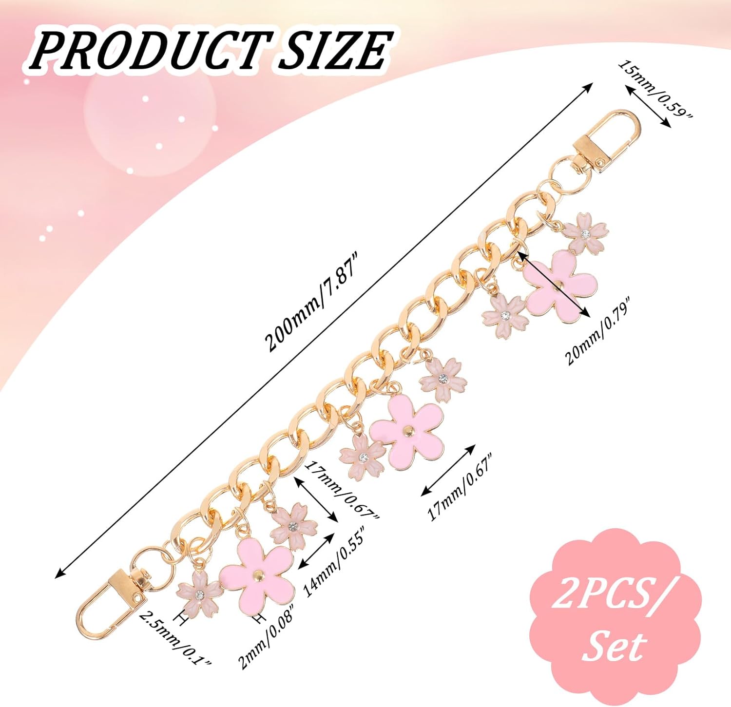 2 Pcs Purse Charms Gold Bag Charms for Handbags Purse Chain Cherry Blossoms Bags Extender Chain Short Chains Straps Enamel Flower Charm Purses Handle Golden Chains for Wallet Crossbody Shoulder Bag - Image 2