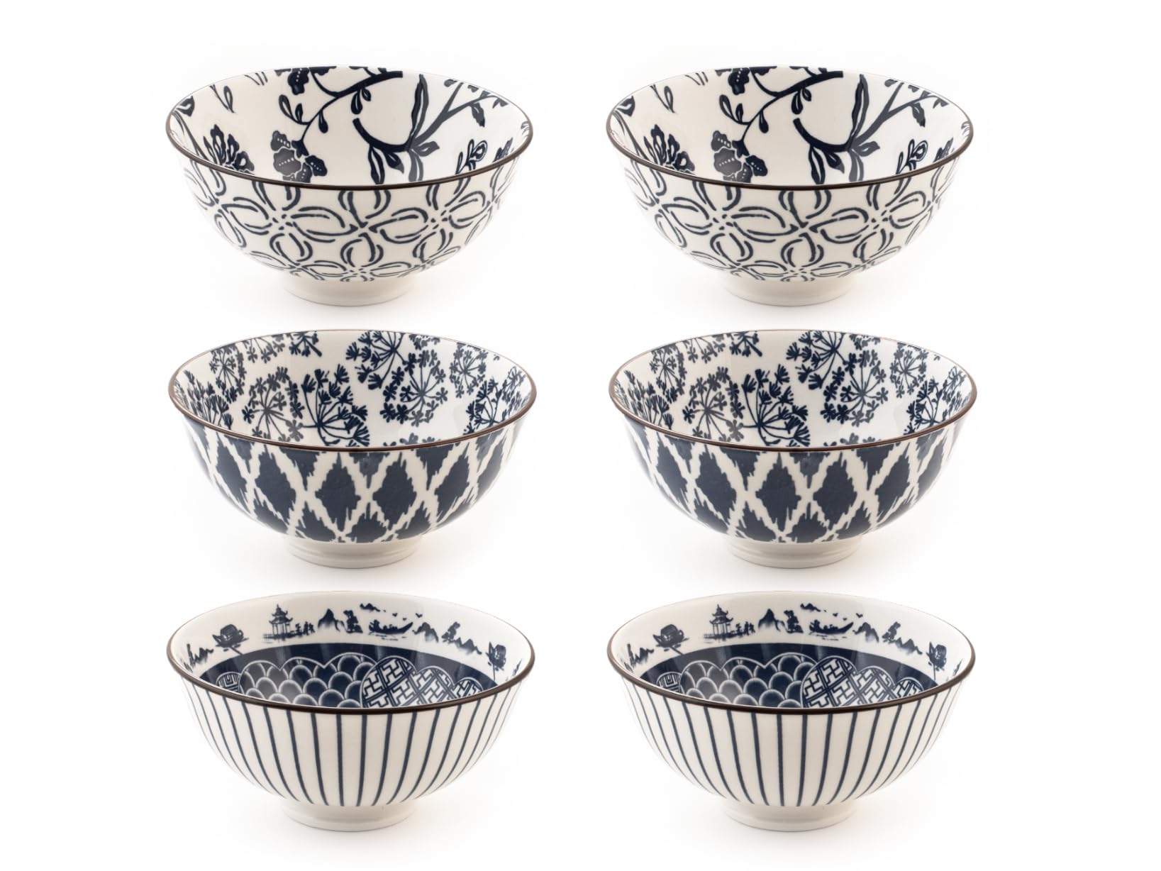 H&H Set of 6 Porcelain Poke Cups, Round, Assorted Decorations, 12 cm