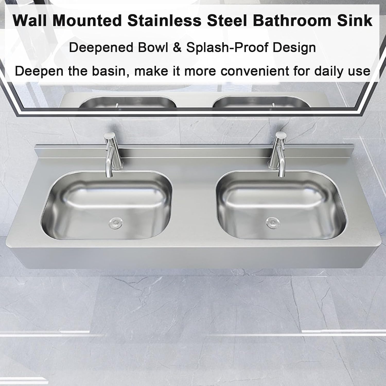 Wall Mounted Floating Double Bowl Sink, Commercial Dual Hand Washing Station Stainless Steel Vessel Sink, Trough Bathroom Sink Double Basin Vanity Sink, for Public Restroom/School/Bar/RV