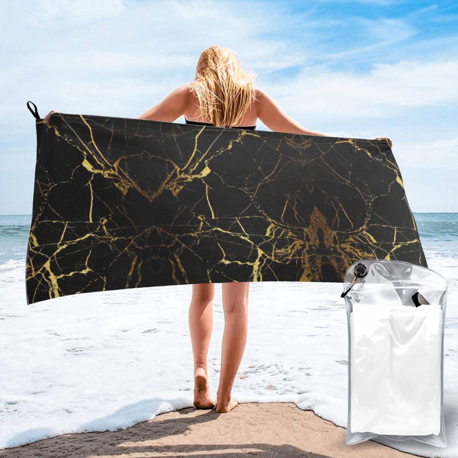 Toalla de baño de mármol negro de secado rápido y tamaño grande para playa