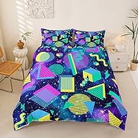 Vista 39 de Memphis - Juego de funda de edredón – Ropa de cama vintage amarillo púrpura con patrón de estilo retro, formas geométricas, ilustraciones