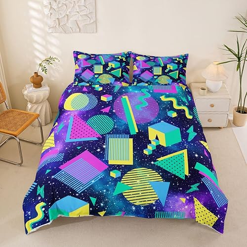 Miniatura 39 de Memphis - Juego de funda de edredón – Ropa de cama vintage amarillo púrpura con patrón de estilo retro, formas geométricas, ilustraciones