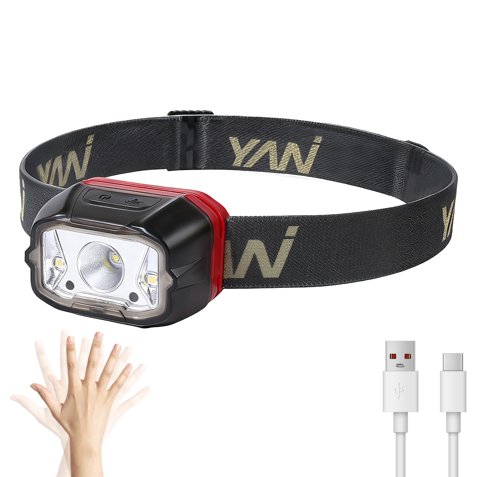 Linterna frontal LED recargable, faro súper brillante con sensor de movimiento, 6 modos, combinación de foco, reflector y luz roja, IPX5 impermeable para senderismo, camping
