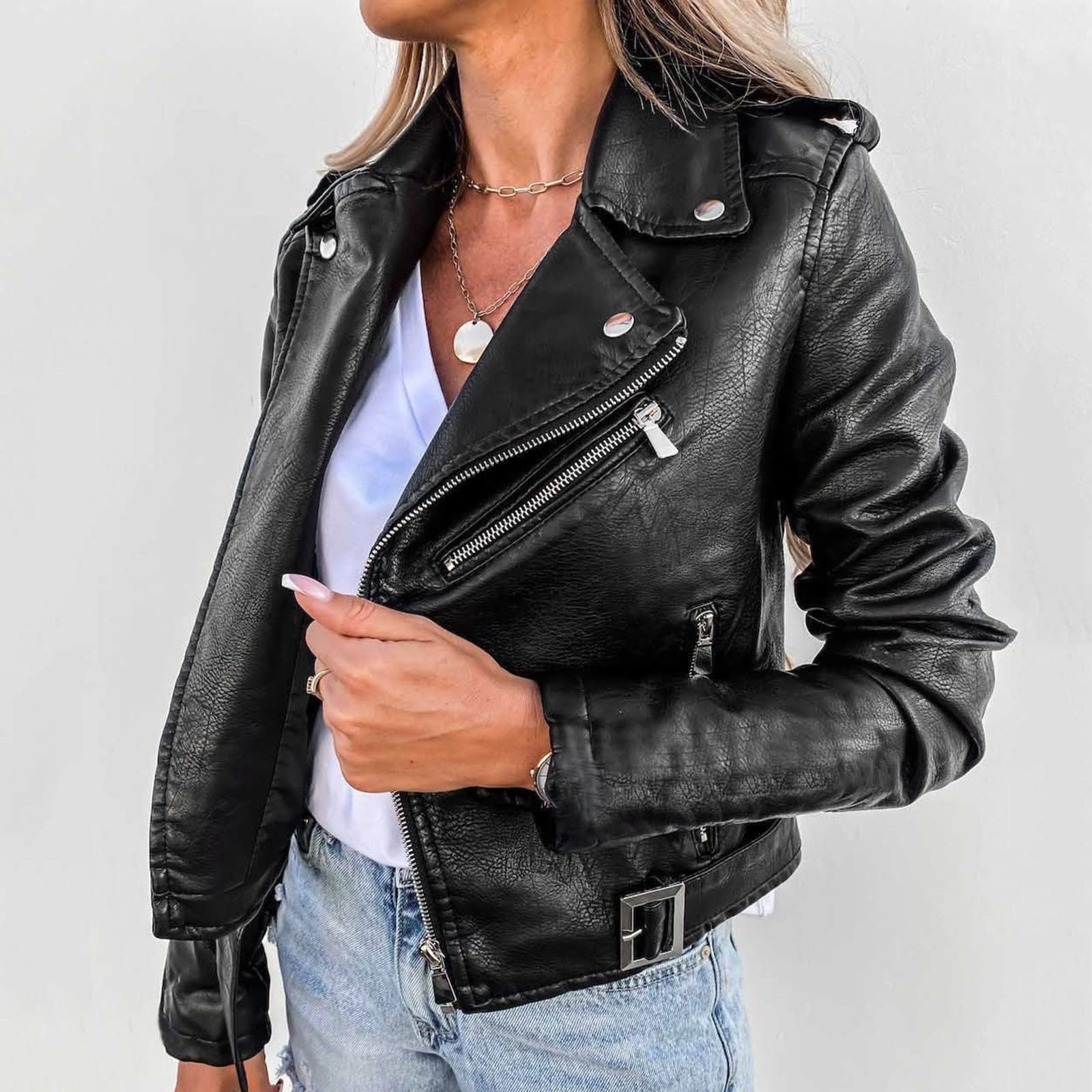 Giacca da donna autunno inverno Giacca in pelle Giacca corta con cerniera stile locomotiva