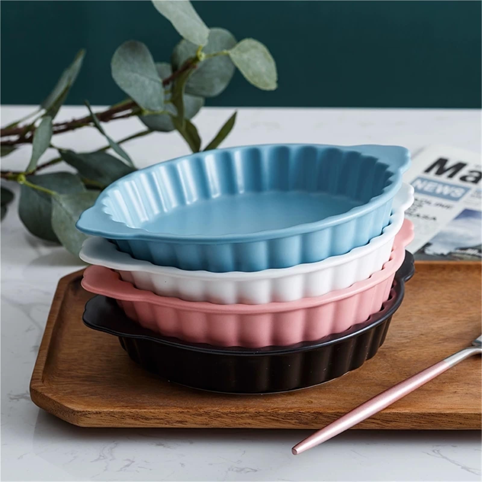 Versátil Fuente for hornear de cerámica creativa con adornos encaje y asas(Pink,Medio)