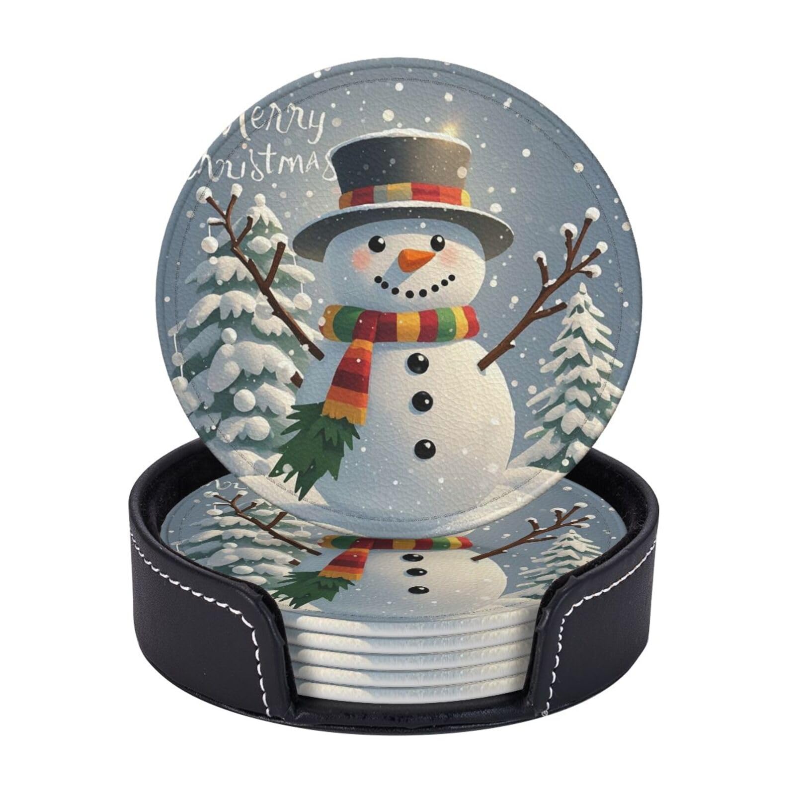 Xopekvlawm Women's Merry Christmas Snowman Drink Coasters 6Pcs Round Leather Coaster With Holder Coasters For Drinks Coffee Cup Mat Heat Resistant Coaster For Tabletop Protection Desk Accessories Office Home Decor