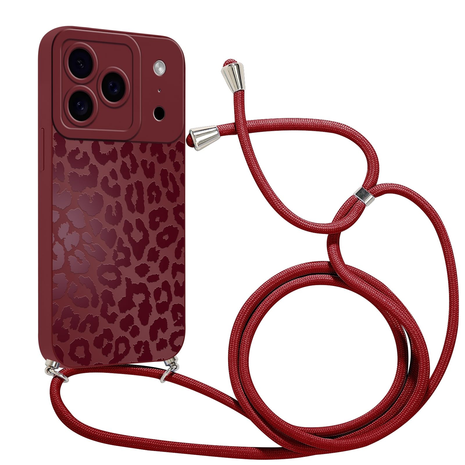 Coalbooliy Cover con Cordino per iPhone 15 6,1'', Silicone Morbido Custodia Aesthetic Leopardo Rosso Automne Mädchen Modello Disegni Collana Universale Protezione Fotocamera Protettiva Case, 02
