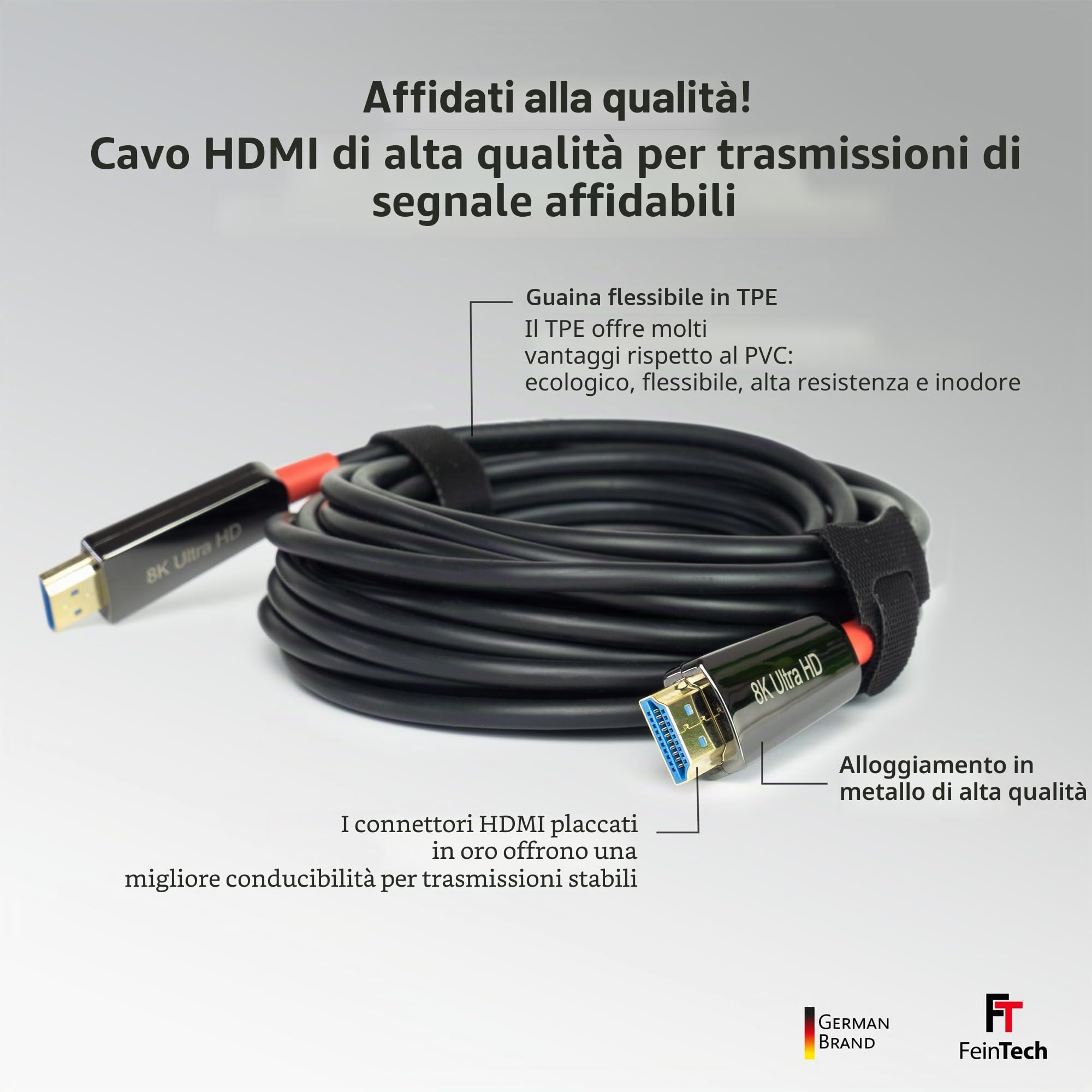FeinTech Cavo in fibra ottica 8K HDMI 10m, 4K 120Hz, 1440p 144Hz per HDMI 2.1 Gaming, cavo HDMI PS5 Xbox PC TV, 48Gbps, supporta CEC, VRR, HDR, Dolby Atmos, 3D, VMI90100