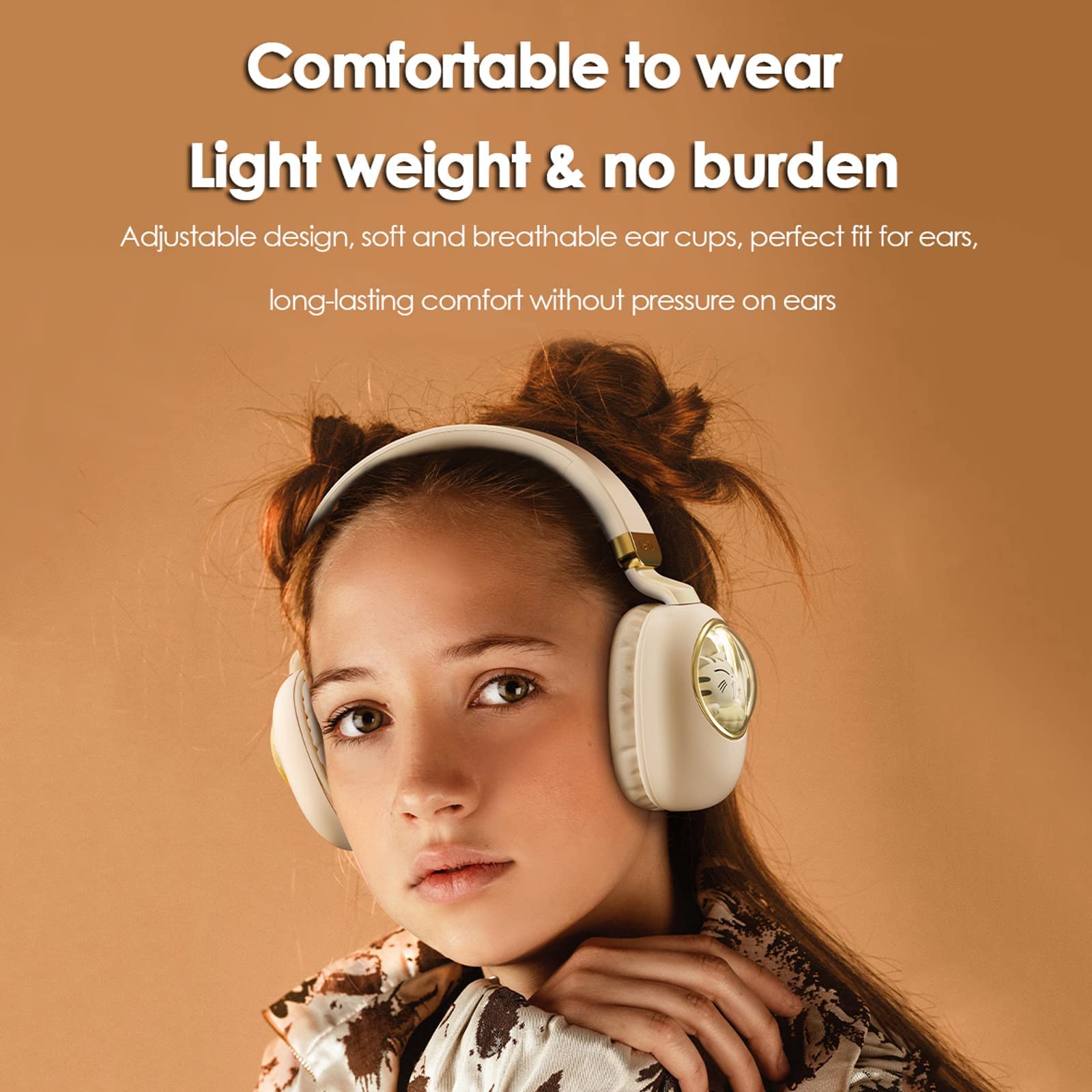 Bluetooth Kopfhörer Kinder Wired mit Mikrofon für Schule Wireless Jungen Mädchen Noise Cancelling auf Ohr Bluetooth Headphones Kinder Headsets für iPad Kindle Handy PC Tablet Flugzeug Reise Beige