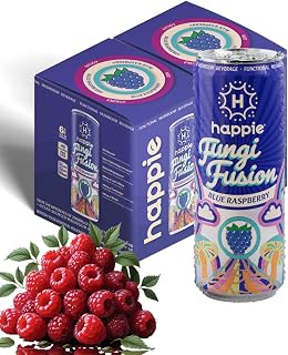Happie Fungi Fusion Blue Raspberry – Sparkling Adaptogen Drink with Lion’s Mane, Cordyceps & Red Reishi – Plant-Based Nootropic, 40 Calorie, Agave Nectar, Vegan Wellness Soda Alternative (12 pack)