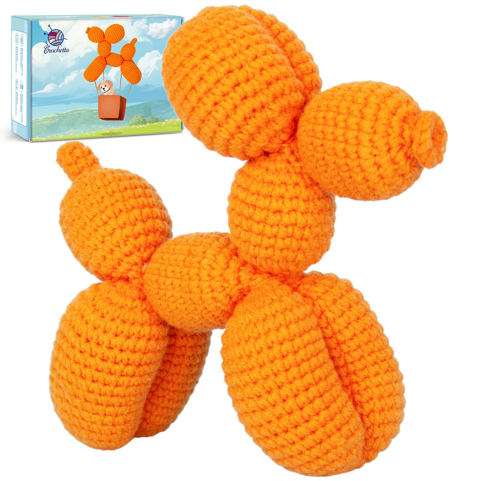 Crochetta Crochet Kit for Beginners, Crochet Kit w Step-by-Step Video Tutorials, Crochet Starter Kit Learn to Crochet Kits for Adults Kids Beginners, Vibrant Orange Balloon Dog (40%+ Yarn Content)